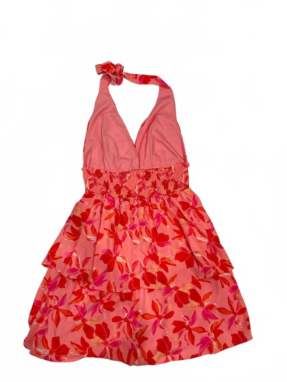 Madden NYC Pink Floral Halter Mini Dress Tiered Ruffle Smocked Medium - Picture 2 of 6